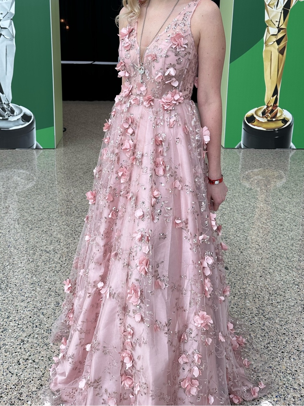 Blush Pink Floral Appliqué V-Neck Evening Gown